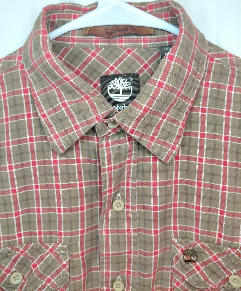 Timberland Men's Plaid Button Up Shirt Size M Brown Red Utility Roll Tab LS